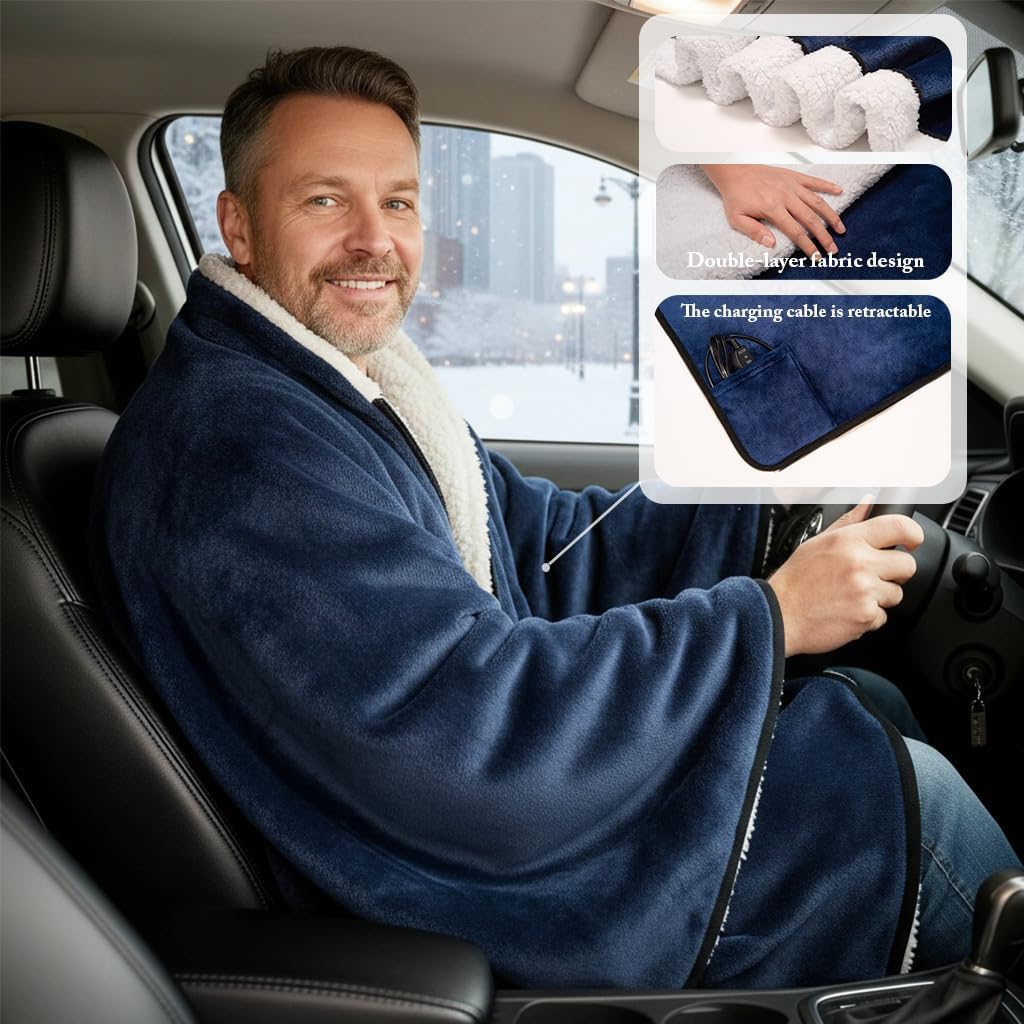 Sojoy Wearable 12V Heated Car Blanket with Zipper Design, Flannel Sherpa Electric Shawl for Cars Trucks SUVs, Fast Heating Lap and Shoulder Wrap for Cold Weather Travel，Navy Blue