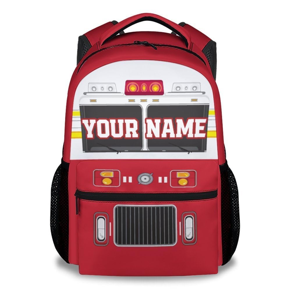 XaocNyx School Backpack for Boys - Personalized Fire Truck Bookbag - Lightweight Durable Large Capacity - 17 Inch Red Kid Bag for School, Travel and