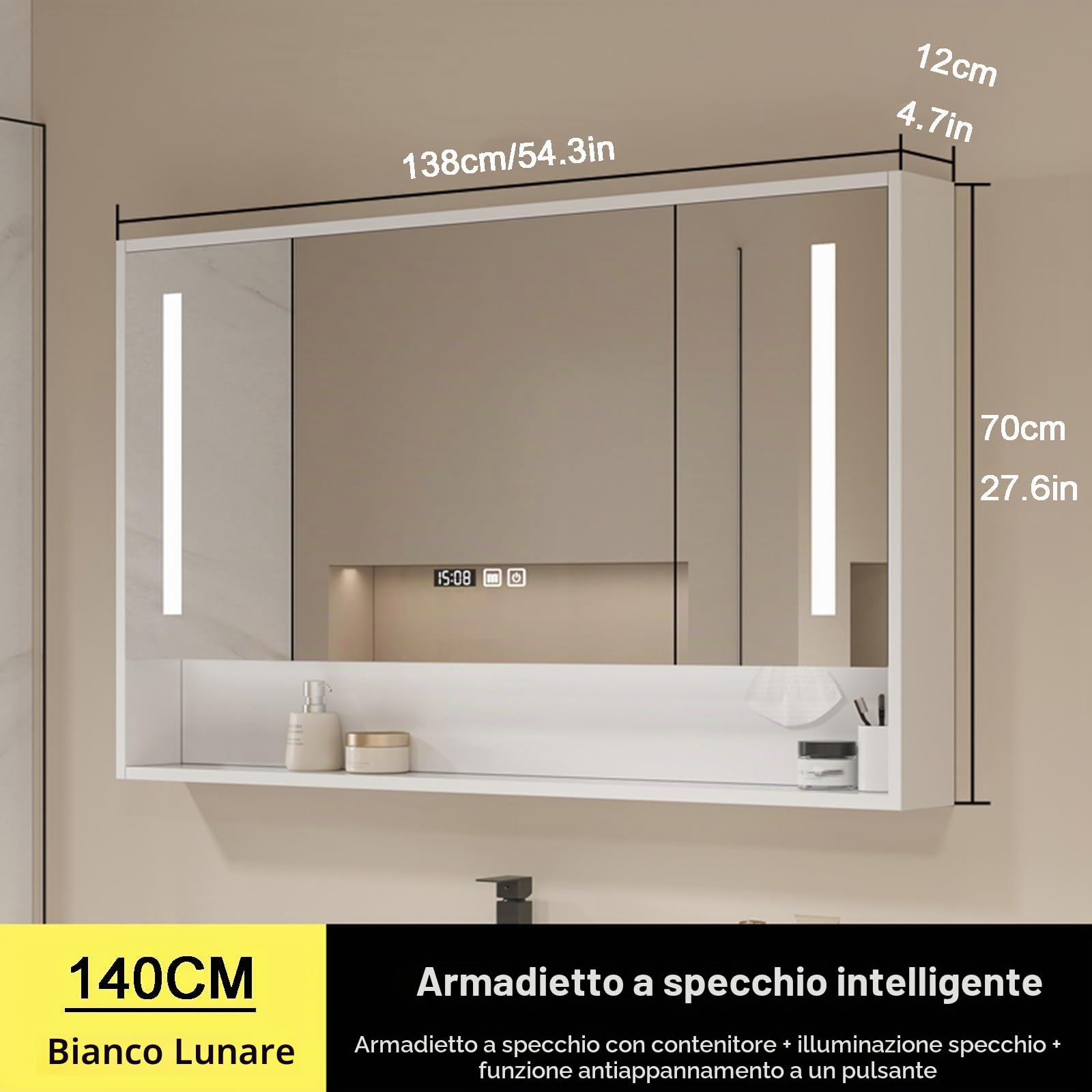 Specchio contenitore bagno，Smart mobile specchio bagno con LED luce，Armadietto da bagno sospeso，modalità a 3 colori，dimmerabile，Armadietto a Specchio Antiappannamento(A,W140*H70cm/W55.1*H27.6in)