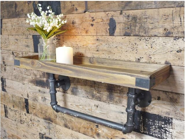 Urban Industrial Style Chunky Wood Wall Shelf with Iron Pipe Wall Bracket Width 60cm