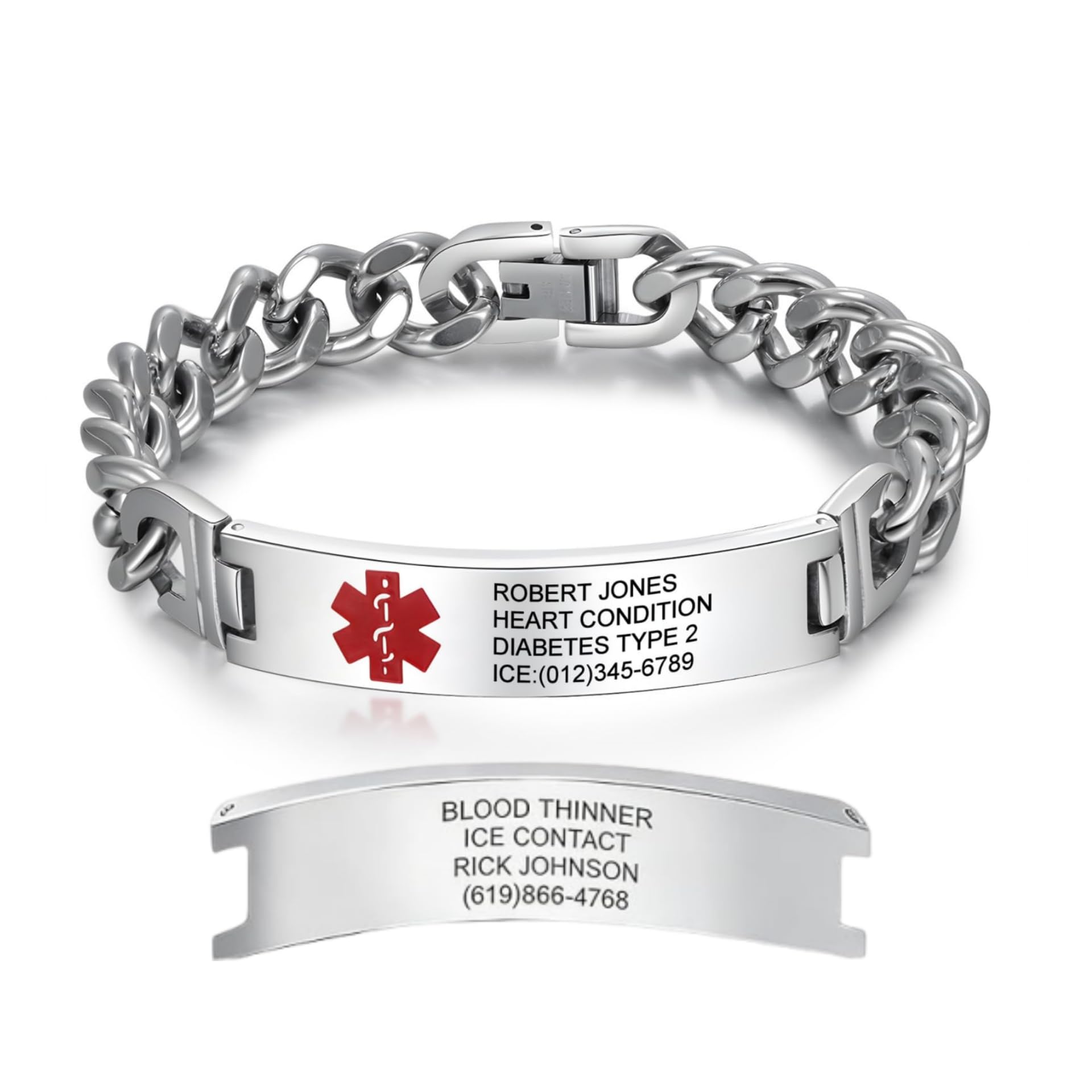 Custom Medical Alert Bracelet, Engraved Stainless Steel ID Bracelets for Men Women, Emergency Awareness Medic ID Bracelet for Autism Allergy Diabetic Epilepsy,Available in 7.5 Inch, 8.5 Inch, 9.8 Inch