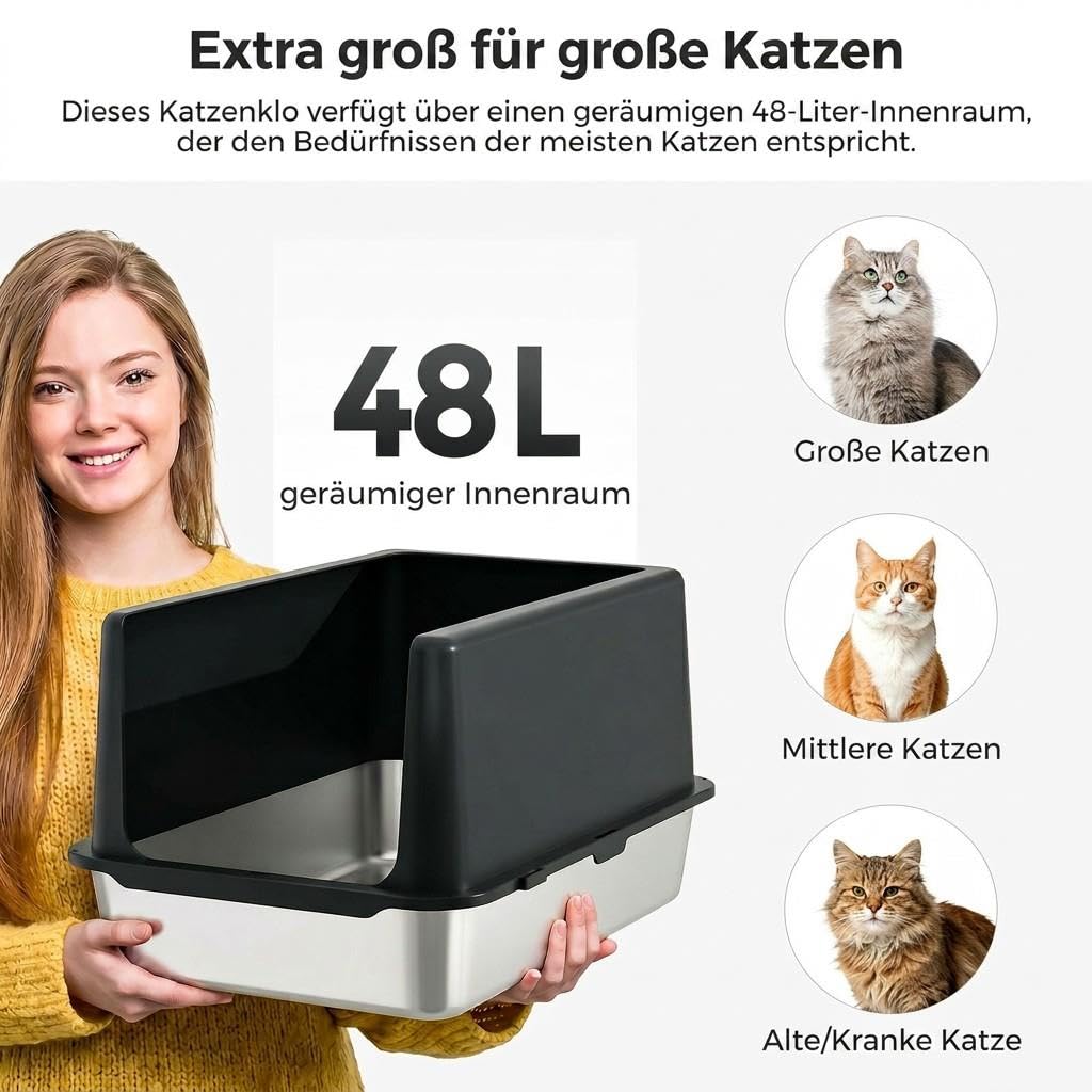 WENBOKMIN Edelstahl Katzenklo XXL mit Deckel, 60x40x30,5cm, Schwarz | Edelstahl, Rostfrei,Hoher Rand 30,5cm, Auslaufsicher,Für Große Katzen,Geruchsfrei, Leicht zu Reinigen