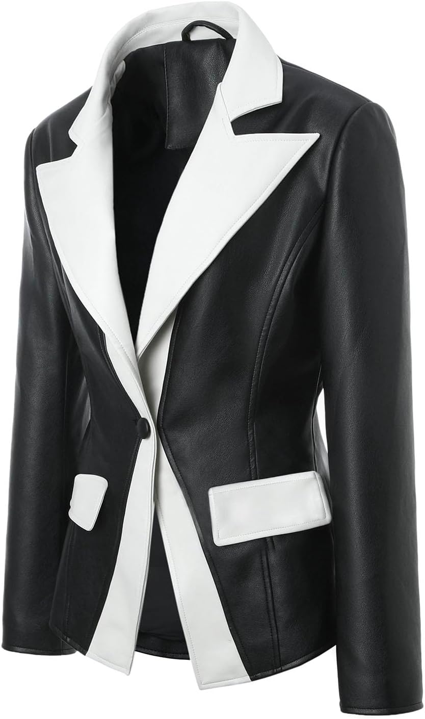 Women's Fashion Contrast - Color Leather Jacket, Black and White Stylish Blazer - Perfect for Outfits