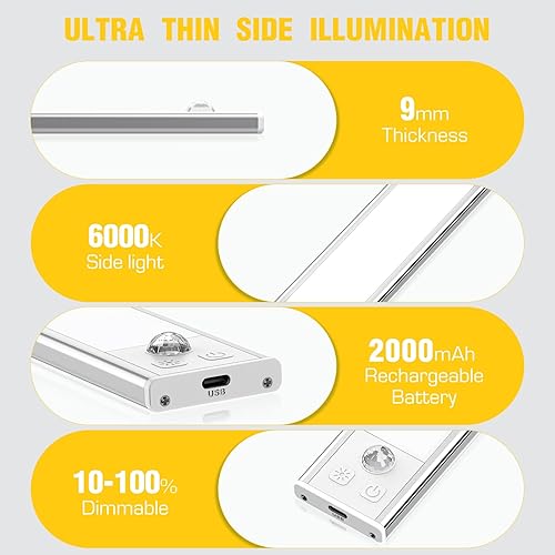 Miniatura 9 de Paquete de 3 luces LED para debajo del gabinete, 52 luces LED de color blanco frío recargables debajo del gabinete, luces LED con sensor de