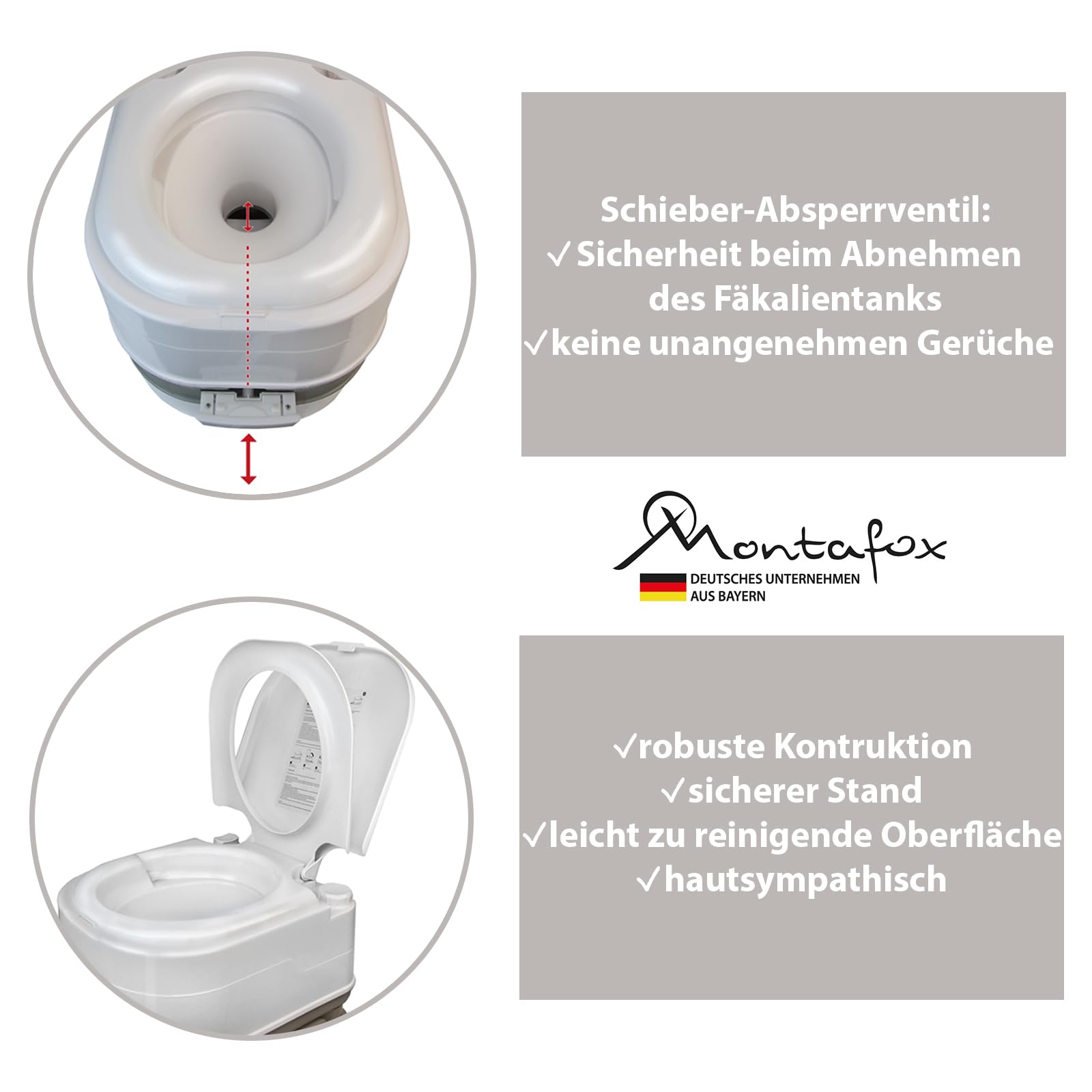 Montafox Campingtoilette 24 Liter inklusive Reinigungsspritze tragbare Chemietoilette Camping WC Varianten:WC + Reinigungsspritze