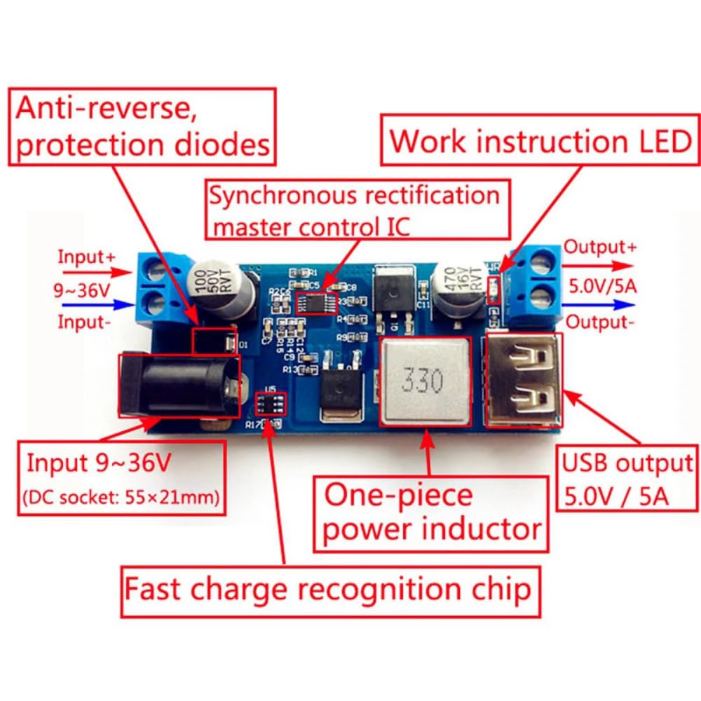 DollaTek DC-DC 24 V/12 V do 5 V 5 A Step Down zasilacz konwerter blokady regulowany modu? ?adowania USB Step-down
