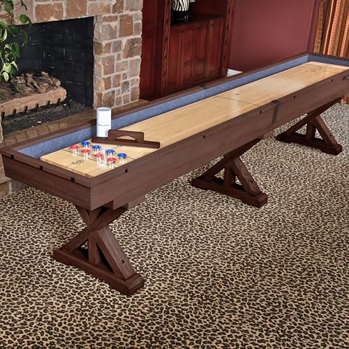 12 FT Shuffleboard Table Multi Game Solid Wood Game Tables for Game Room Includes Bowling Pin Set & More. Comes in 2 6\' Pieces Goes Around Stairs & Hallways