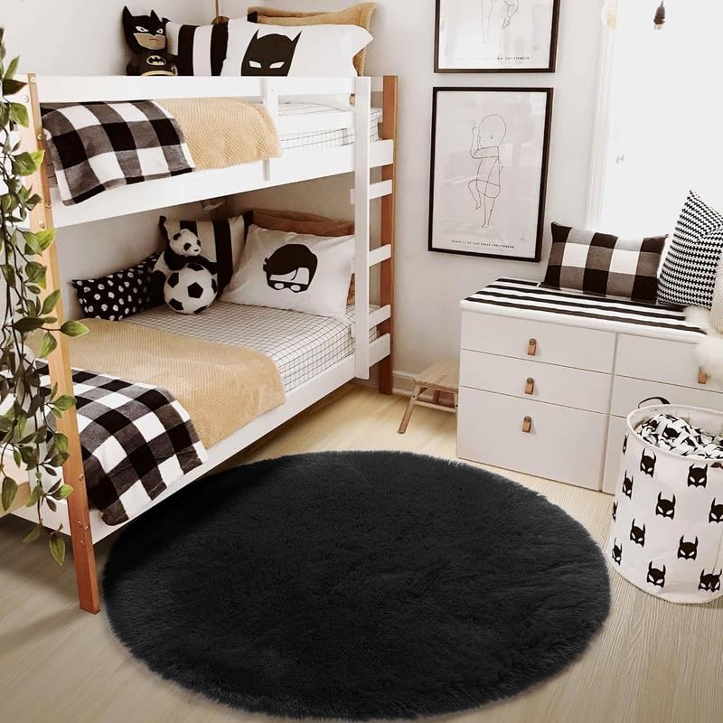 Image of Round Plain Fur Rugs for Hall and Drawing Room 7x7 Ft Modern Home Decor Handwoven Extra Comfy Premium Shag Black Color