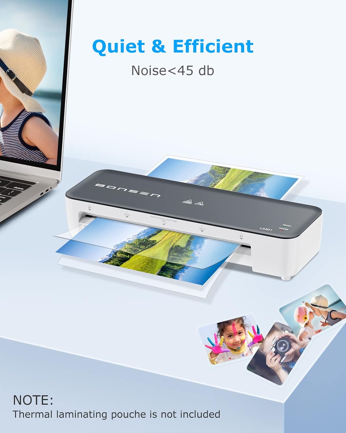 Laminator Machine, BONSEN 9 Inches Max Width Small Laminating Machine, Quick Warm-Up Portable Thermal Laminator with Anti-JAM ABS Button, Personal Laminator for Teachers Home Office School (L3201)