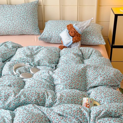 Image of VM VOUGEMARKET Leopard Duvet Cover Set Queen,Light Blue Pink,Muslin Cotton