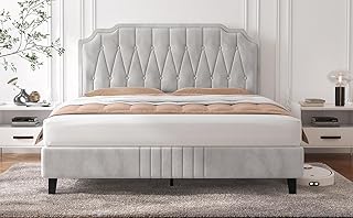 Yaheetech 5ft King Bed Frame Upholstered Platform Bed with Adjustable Button Tufted Headboard/Velvet Fabric/Sturdy Wooden Slat Support/No Box Spring Needed, Beige King Bed