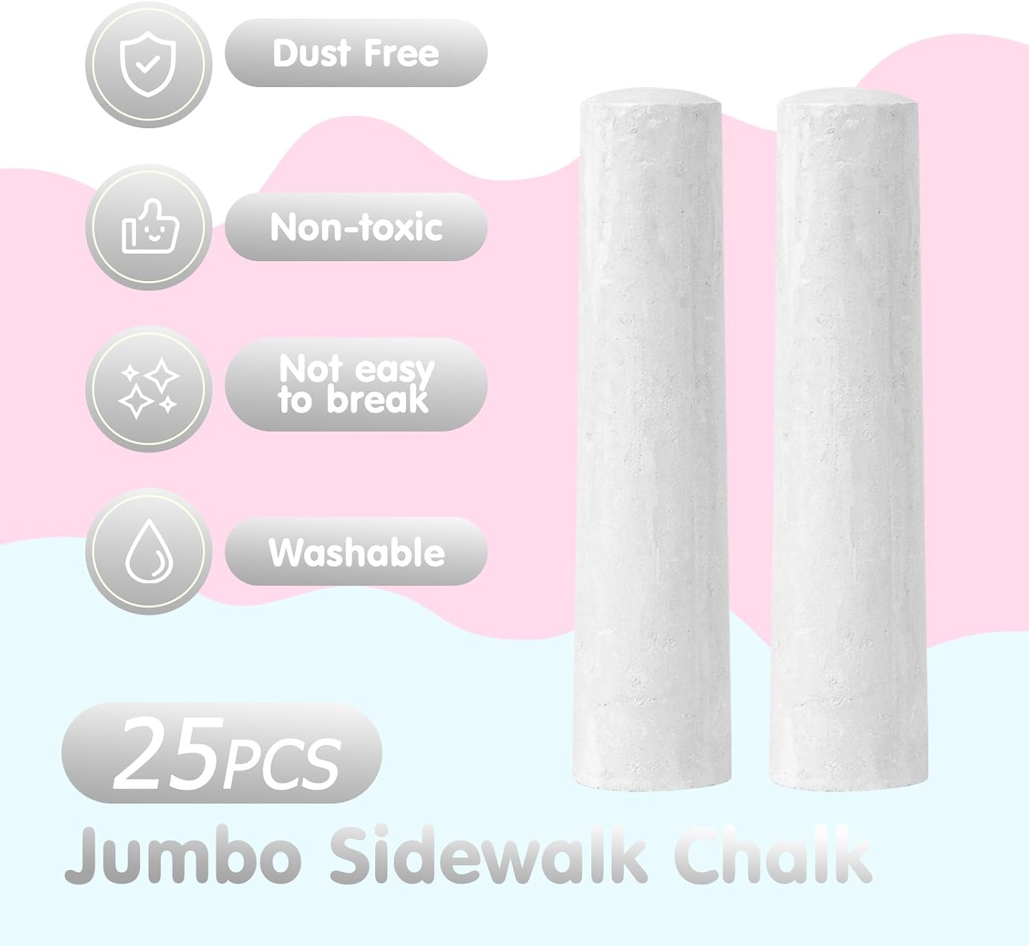 25pcs Washable Sidewalk Chalks Set Non-Toxic Jumbo Chalk for Outdoor Art Play (White)