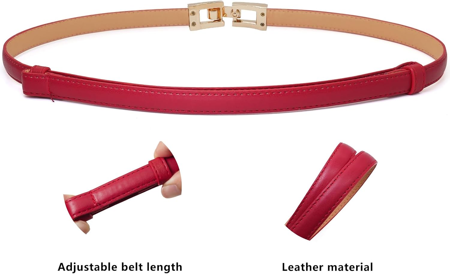 Women's Skinny Belts Thin PU Leather Waist Belt with Gold Alloy Buckle for Dresses