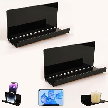 2pcs Adhesive Tablet Wall Mounted Phone Shelf Acrylic Stick On Shelves,Bedroom Wall Mount Floating Shelves for Tablet,eReader,Cell Phone Holder for Bathroom,Dorm Bedside ShelfBlack