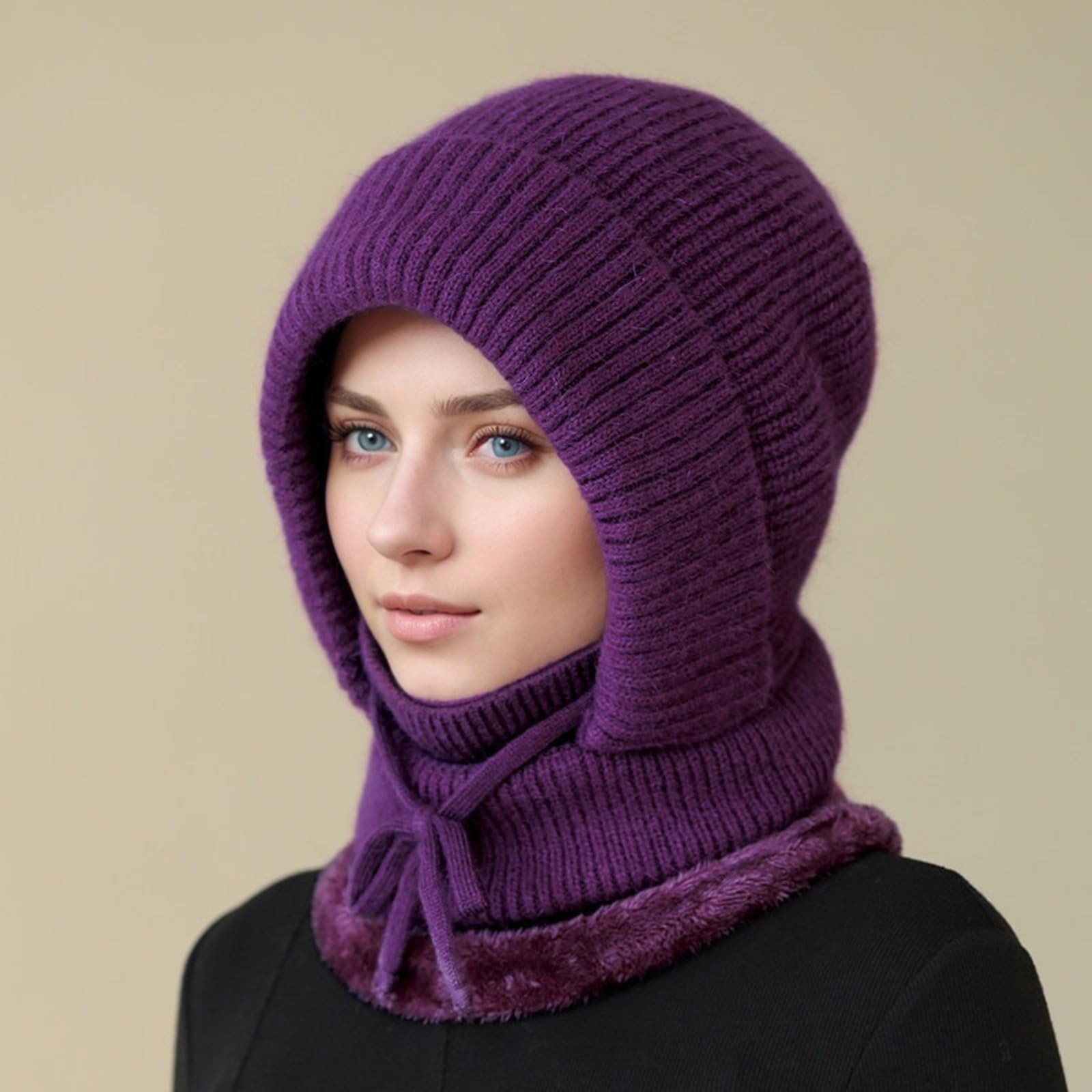 Générique Bonnet Tricot Femme d'hiver, Cagoule 3 en 1 avec Écharpe à Capuche, Chapeaux Hiver Chauds et Élastiques en Laine pour Femmes, Cagoule Balaclava Masque Thermique pour Ski, Cyclisme Outdoor