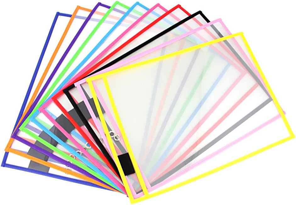 JTDEAL 10PCS Dry Erase Pocket Sleeves 10 X 13Inches Clear Reusable Plastic Sheet Protectors with Hole Hanger and Colorful Edge for Classroom Office Organization and Teaching Supplies