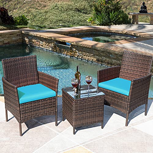 Image of Greesum 3 Pieces Patio Furniture Sets Outdoor PE Wicker Chairs,Blue