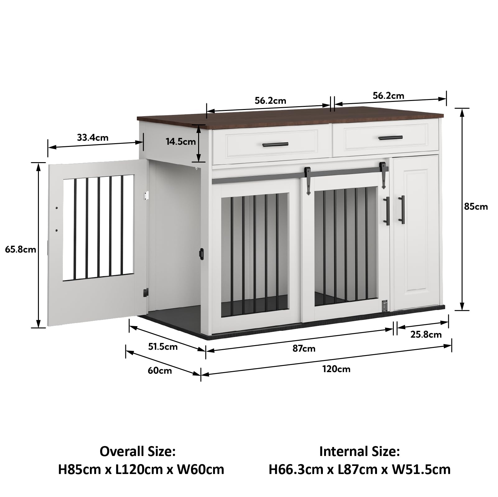 Möbelstil Hundebox, Holzbox mit Schiebetüren, Hundehütte mit 2 Schubladen und Lagerung Schrank, 2-türige Hundekiste für mittelgroße/große Hunde, Indoor Tierhaus, Weiß