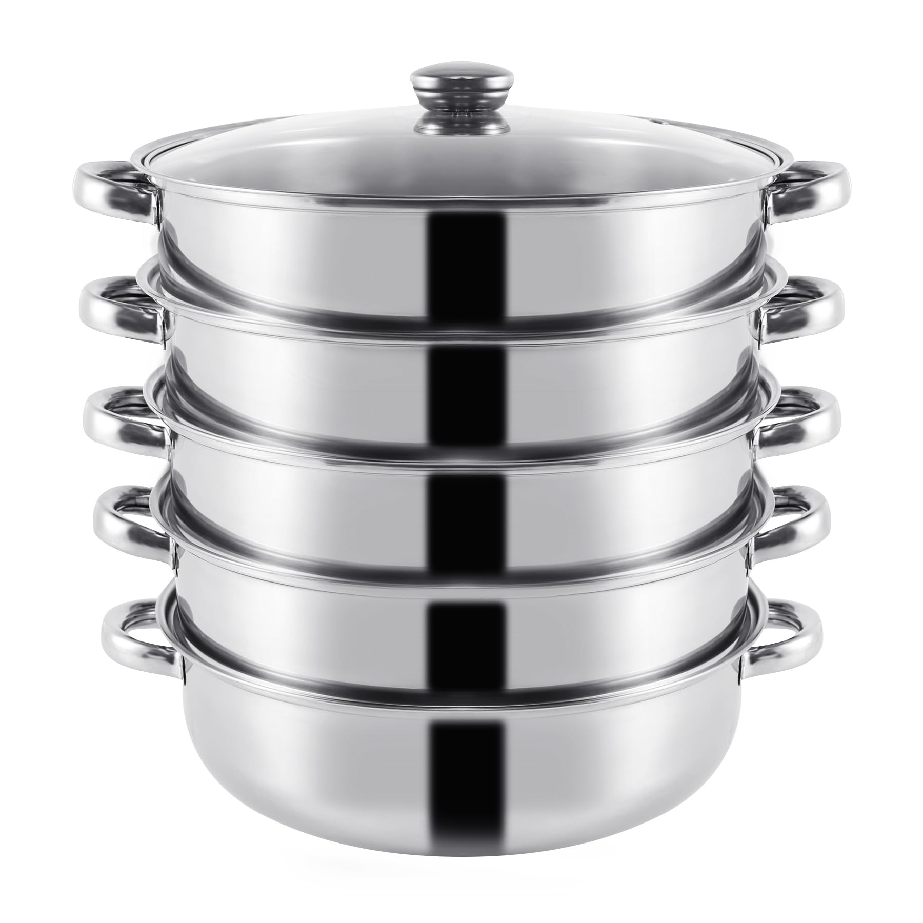 Cocido al vapor de acero inoxidable con tapa de cristal, 5 pisos 30cm, utensilios de cocina, cacerola, placa de inducción, vaporizador para albóndigas