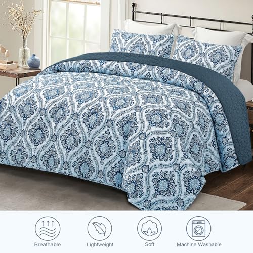 Exclusivo Mezcla Reversible Boho Quilt Set King Size, 3 Pieces Damask Blue All Season Bedspreads, Ultra Soft Floral Coverlet Bedding Set with Printed Pattern (1 Quilt, 2 Pillow Shams)