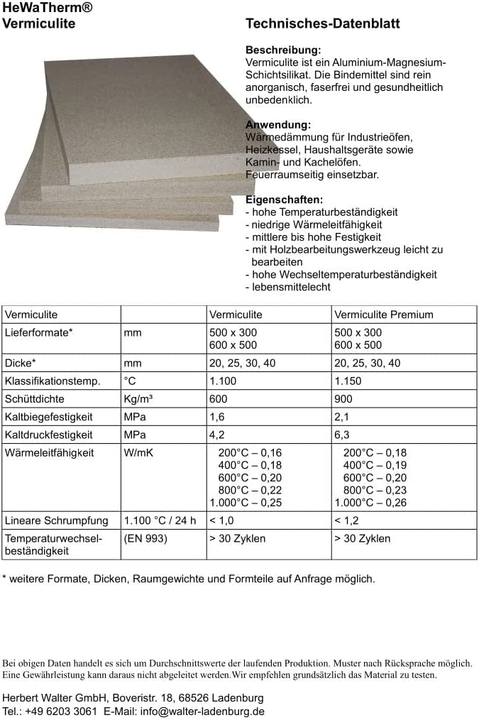 Vermiculite 1100°C 600kg/m3 600 x 500mm (20mm Stärke)