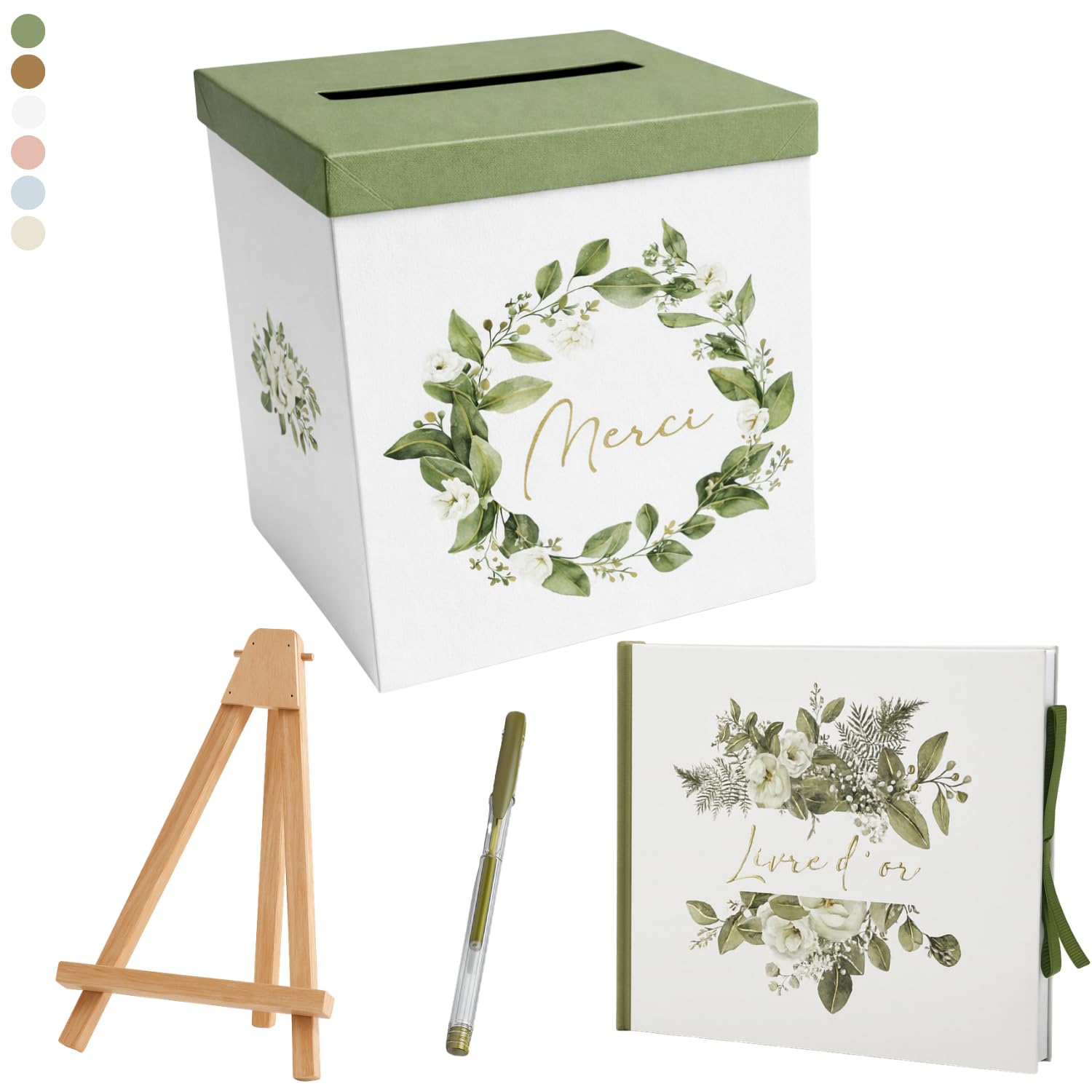 Pack Signature Vert et Or : 4 éléments (Urne Merci, Livre d’or, Stylo encre doré, Chevalet en bois) pour mariage, baptême, anniversaire, départ en retraite et toutes célébrations