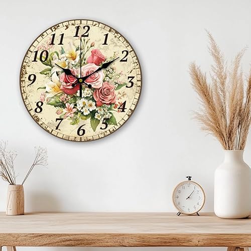 Miniatura 5 de CHGCRAFT Reloj de pared retro de 12 pulgadas, funciona con pilas, sin tictac, flores silenciosas, reloj de cocina decorativo para sala de estar,
