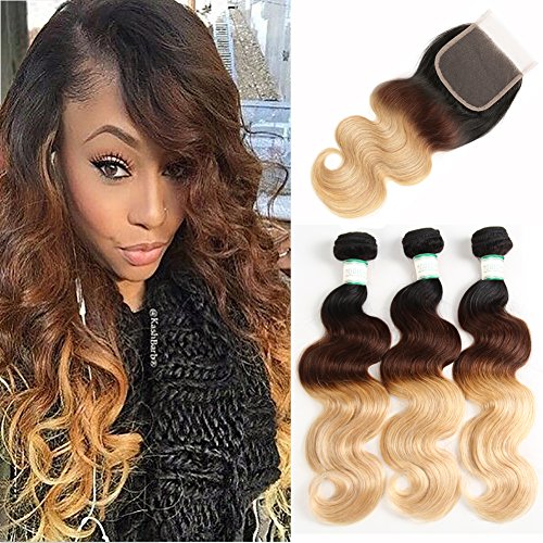 Morichy 10a Ombre Peruvian Body Wave 3 Bundles with Lace Closure and Bundles 1B/4/27 Black/Brown/Blonde Peruvian Virgin Ombre Human Hair with Closure Human Hair Extensions 50g/pc Full Head 10 10 10+10