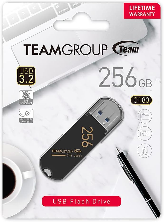 TEAMGROUP C183 256GB USB 3.2 Gen 1 USB 3.1/3.0 100MB/s Flash Thumb Drive External Data Storage Memory Stick Compatible with Computer/Laptop Black TC1833256GB01