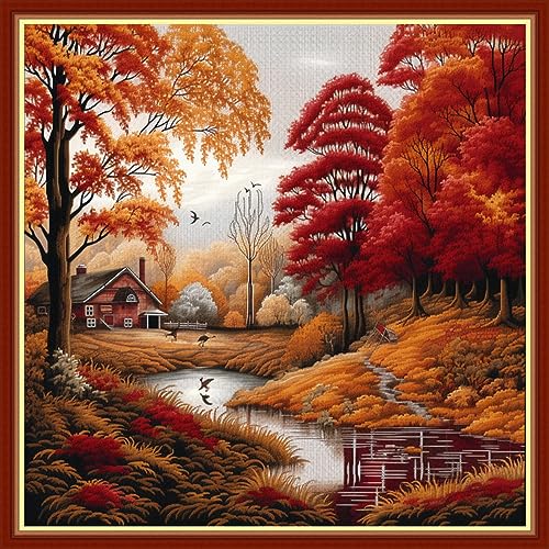 Image of Findvoor Stamped Cross Stitch Kits for Beginners Full Range of Cross Stitching Embroidery Pattern for Adults, 11CT DIY Needlepoint Embroidery Starter Kits-Late Autumn 17.7x17.7 inch