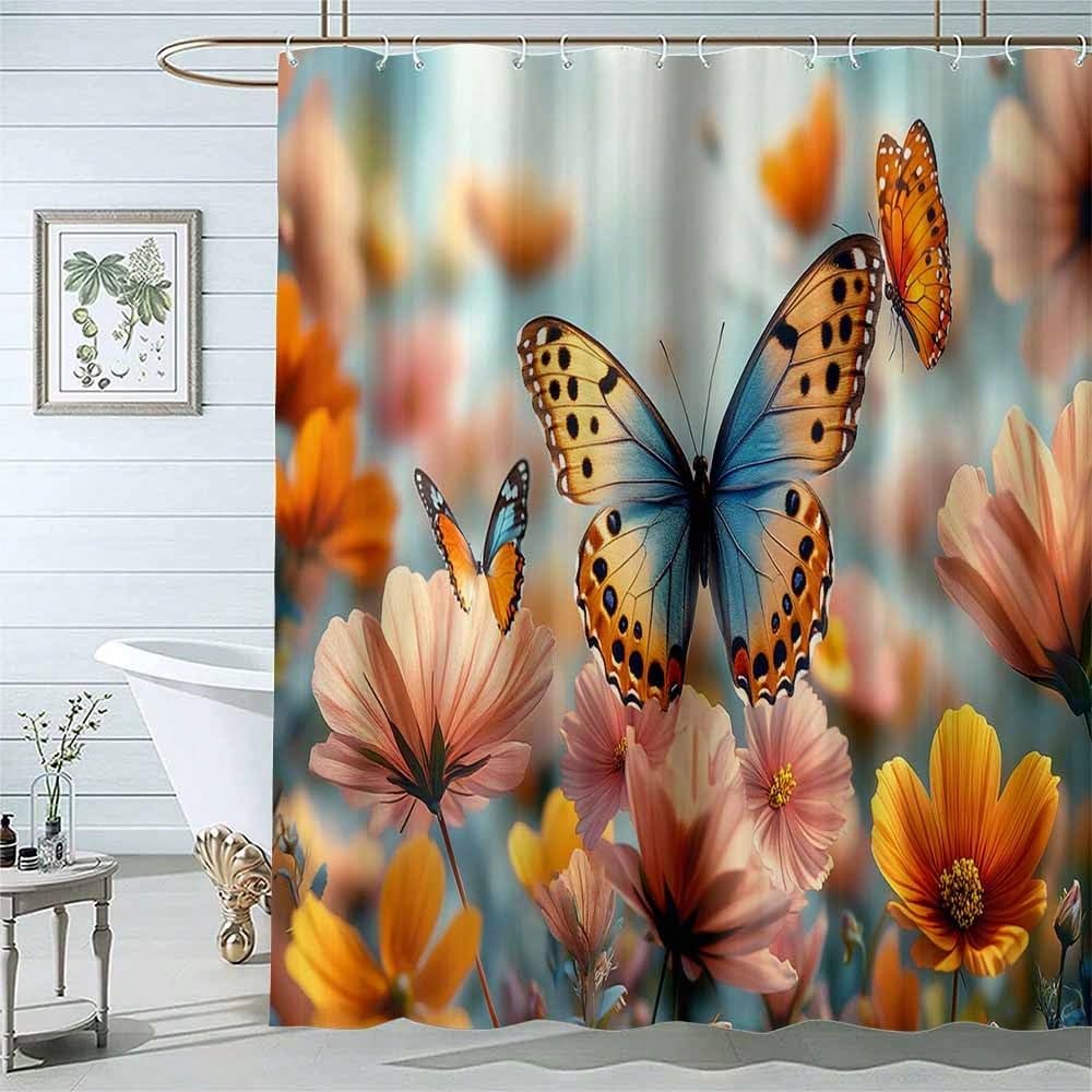 Kolorowy motyl pomarańczowy kwiat zasłona prysznicowa druk cyfrowy, wodoodporna, do zimowej wanny (182 x 214 cm / styl retro)