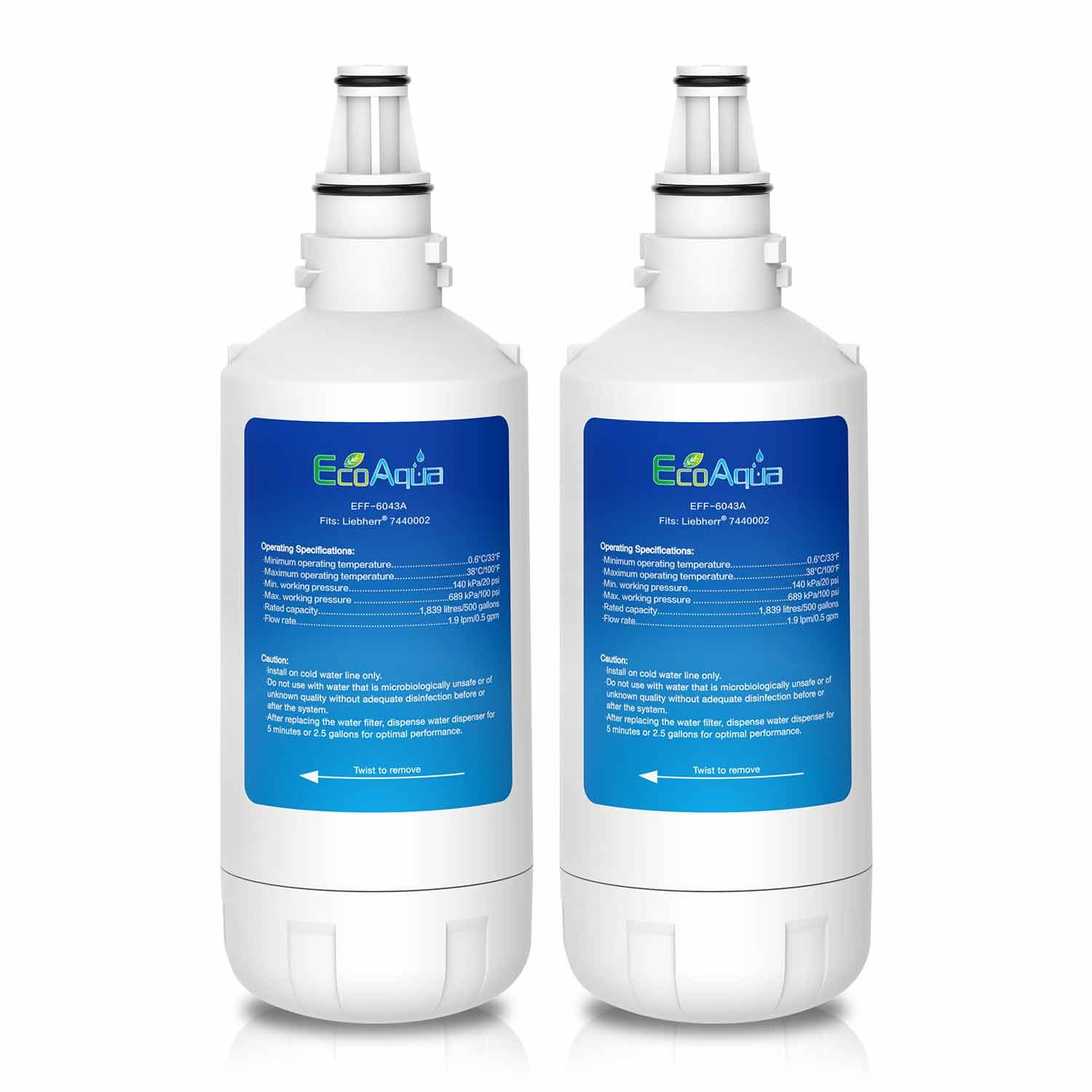 EcoAqua EFF-6043A Fridge Water Filter Compatible with Liebherr 7440000, 7440002, 7731240-00, 53-WF-26LR; CNes 5166-11, 5166-10, 5166-10A, 5166-10, CBNes 6256-10, CNes 6256, SBSes 7155, 7263 (2)