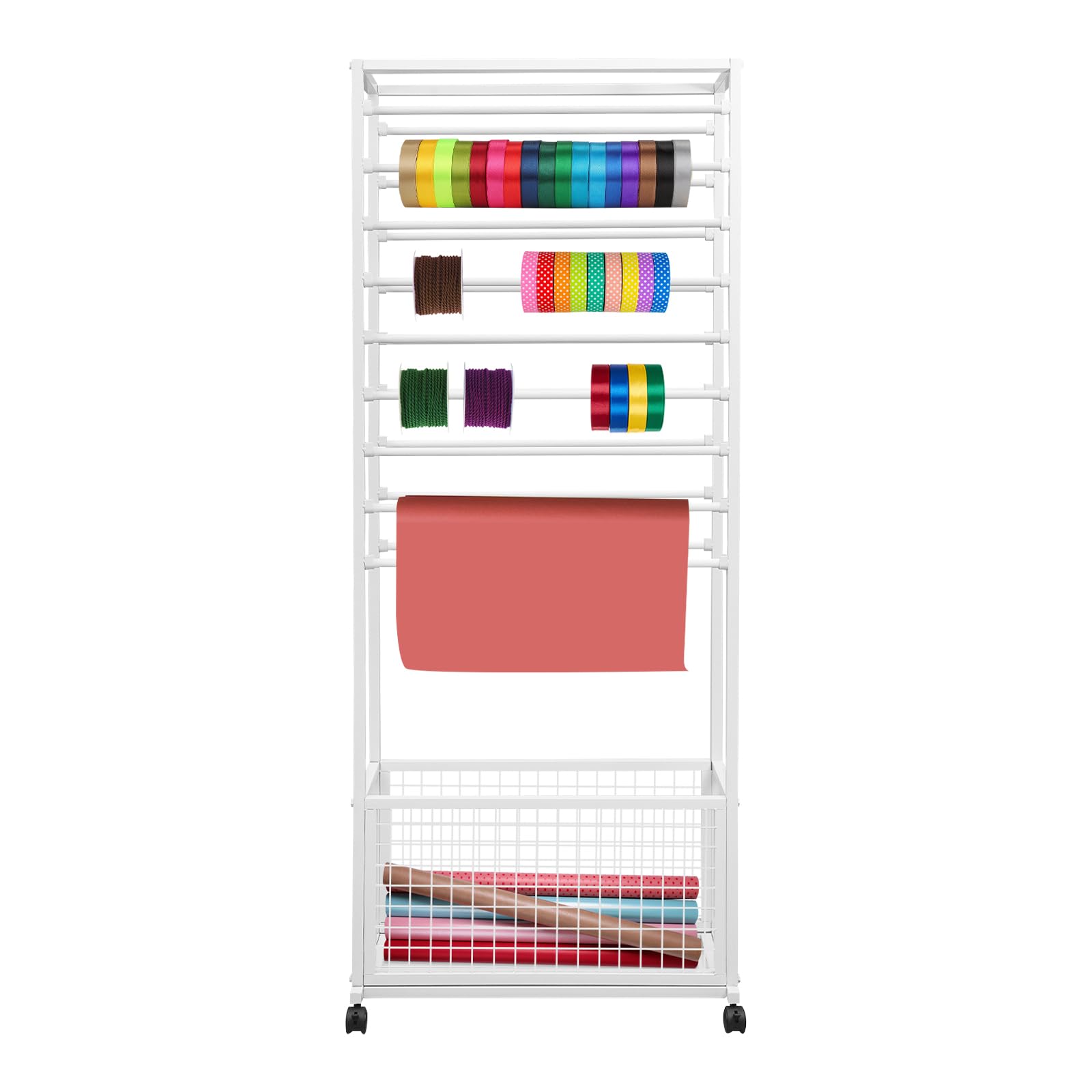 RIAHNEAH Ribbon Organizer for Craft Room, 20-Rod Scarf & Wrapping Paper Organizer, 66.93