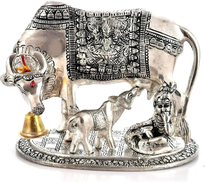 LABHCART Handcrafted Brass Golden Kamdhenu Cow with Calf, Vastu Gau MATA Idol, Spiritual Vastu Nandi Pooja Figurine Sculpture, Kamdhenu Cow & Calf Idol for Home and Office