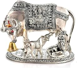 Handcrafted Brass Action Golden Kamdhenu Cow with Calf,Vastu Gau MATA Idol,Spiritual Vastu Nandi Pooja Figurine Sculpture,Kamdhenu Cow&Calf Idol for Home and Office