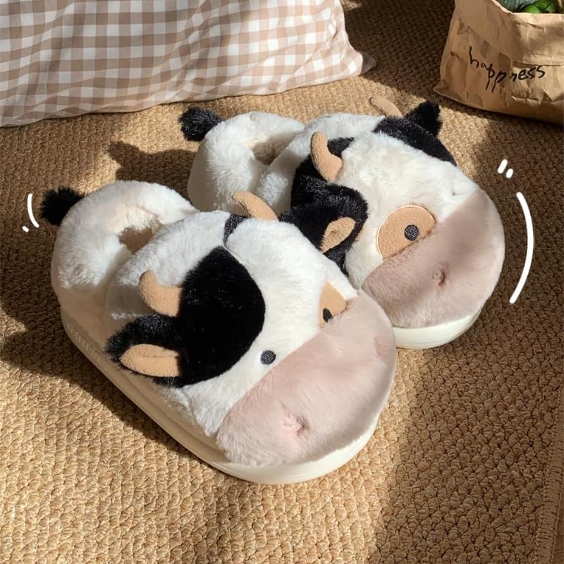 Kawaii Cow Slippers for Women Teen Girls Fuzzy Home Slippers Fluffy Soft Plush Warm House Slippers for Women Men (13,White,14)2