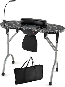 RELAX4LIFE Portable Manicure Nail Table, Mobile Folding Nail Technician Desk Workstation with Dust Collector, LED Lamp, Removable Wrist Cushion, Carry Bag, Professional Beauty Art Desk Black