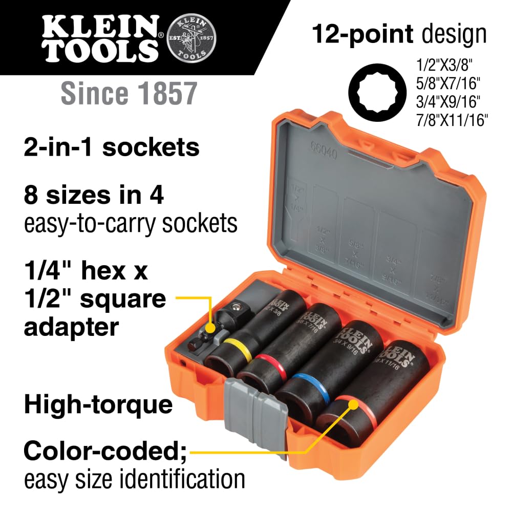 Klein Tools 66040 2-in-1 Impact Socket Set, 5-Piece Tool Set with 12-Point Deep Sockets with 1/2-Inch Drive, Includes Tool Case