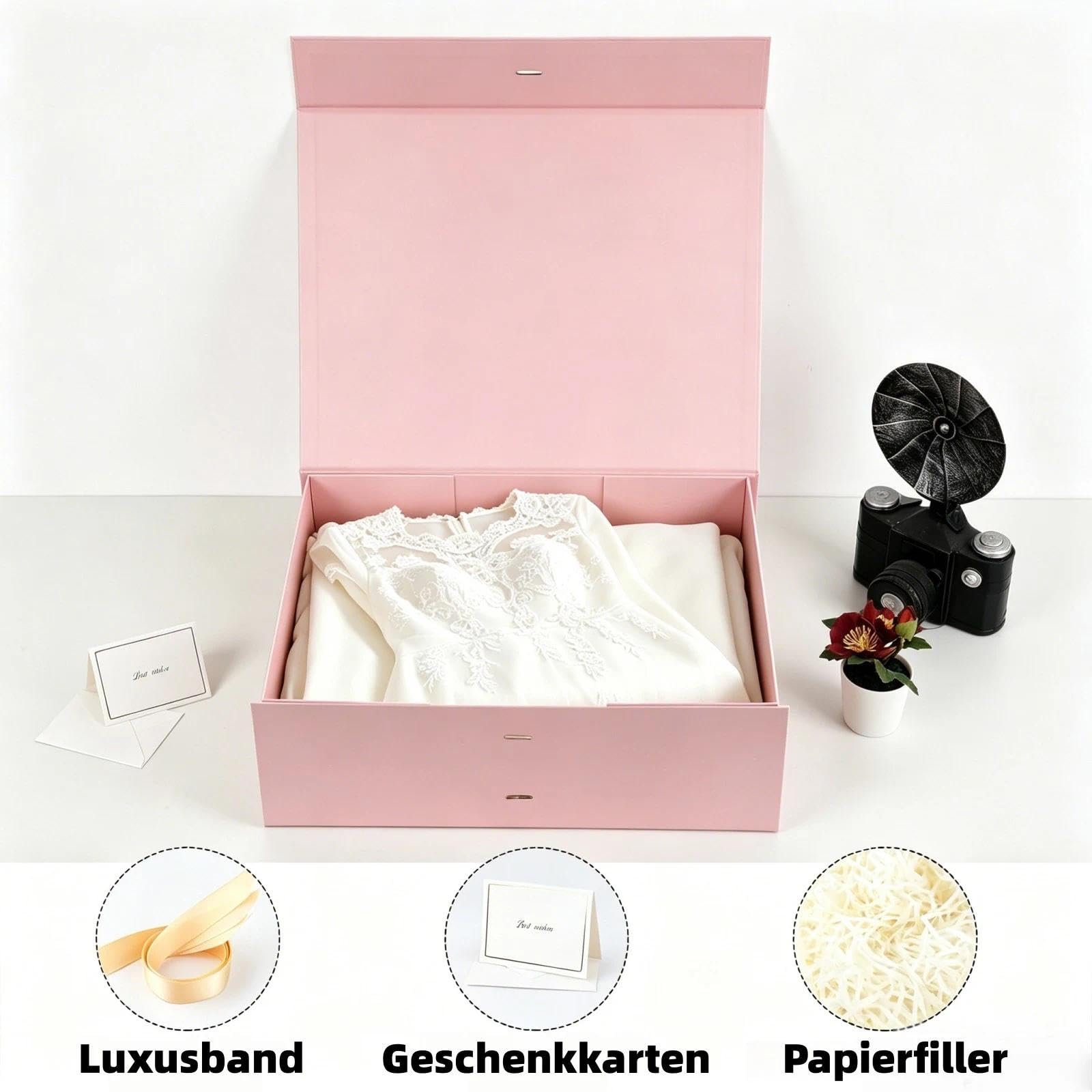 Rosa Geschenkbox groß 48.5 x 40.5 x 15.3 cm Geschenkbox mit Deckel 3 Stück | Magnetische extra groß, Inkl. Schleife, Inkl. Raffia & Grußkarte, Ideal für Hochzeitskleid & Anzug