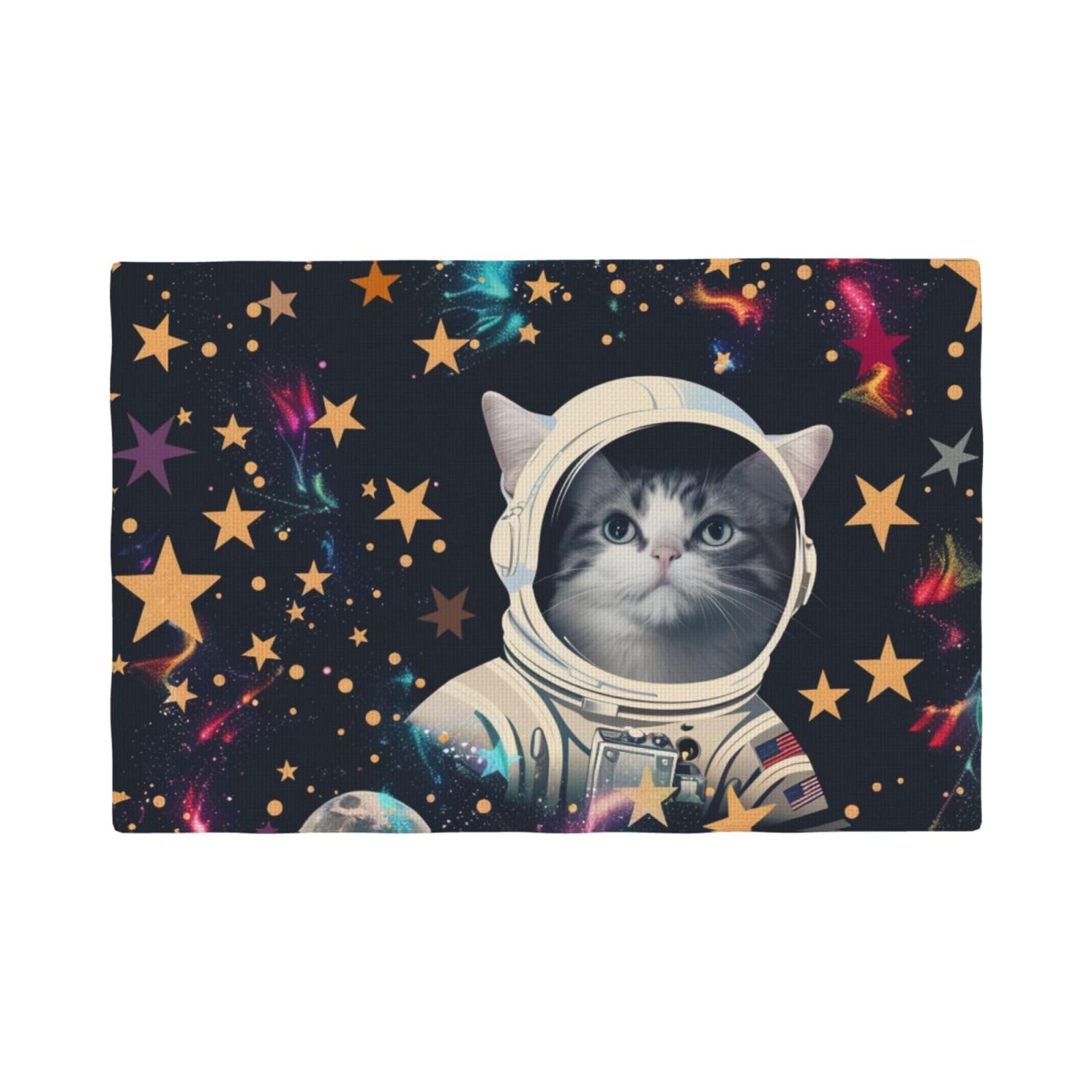 Fun cat Astronaut Print Placemats Set, Heat Resistant Washable Placemat 12x18in Table Mats for Party Kitchen Dining Table Decoration Indoor Outdoor, Four Pieces