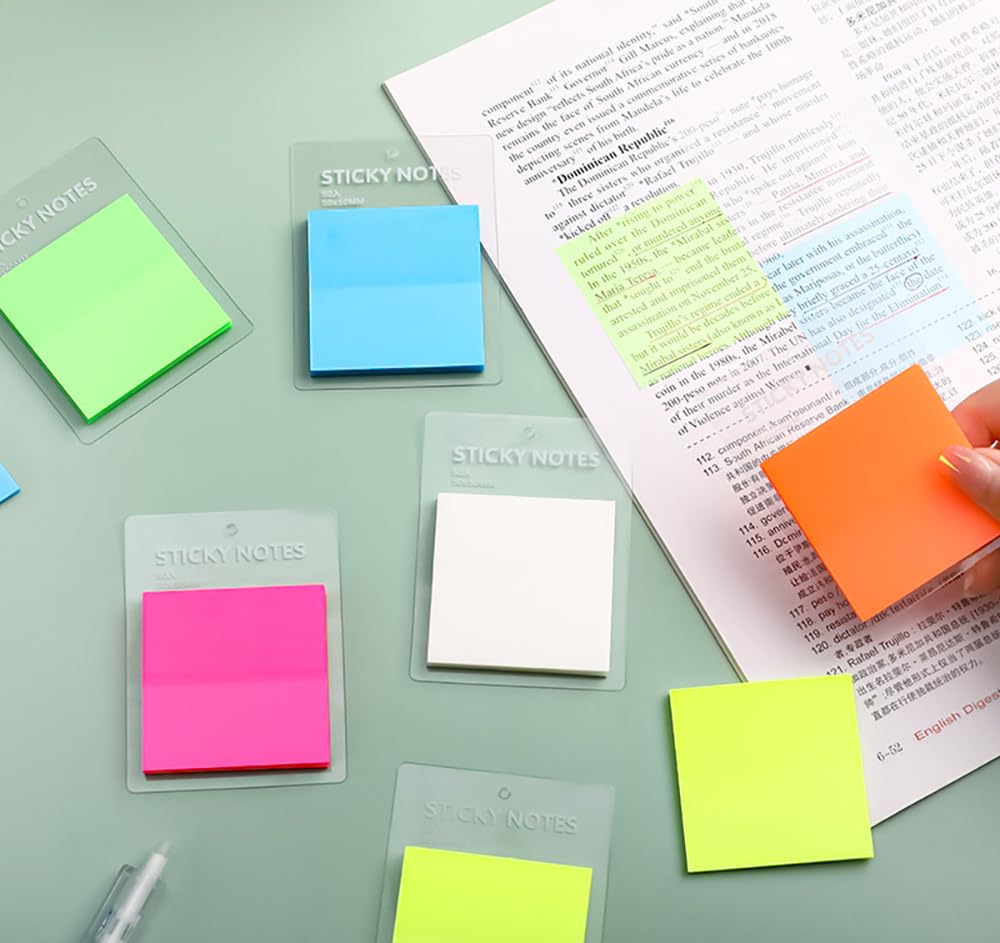 DuomamaTransparent Sticky Notes -50x50Mm, 6 Pads with 300 Sheets - Self-Stick, Waterproof, and Scratch-Resistant Memo Pads in 6 Translucent Colors