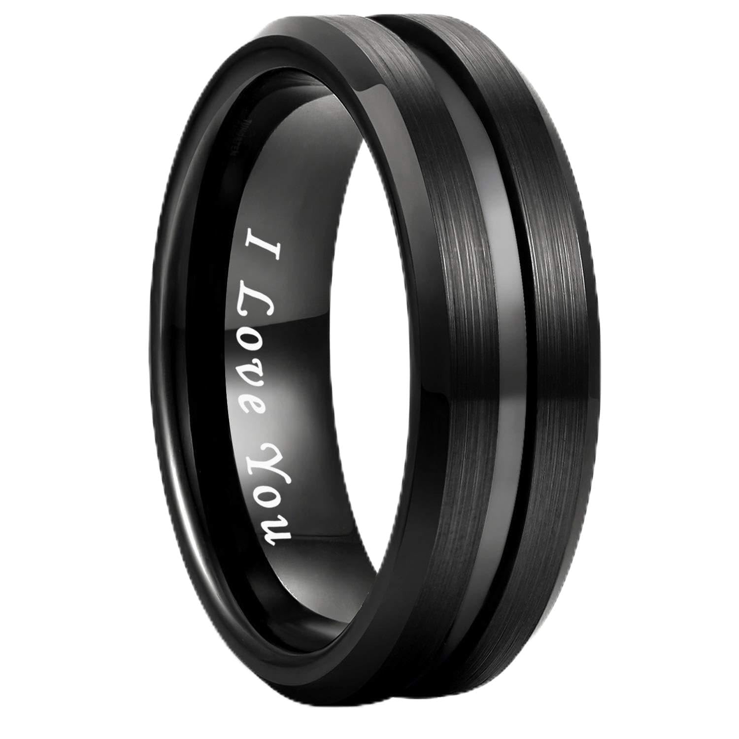 Greenpod Mens Tungsten Ring Wedding Band 6mm 8mm 10mm Engraved I Love You Thin Blue/Black Centre Groove Comfort Fit Size 6-17