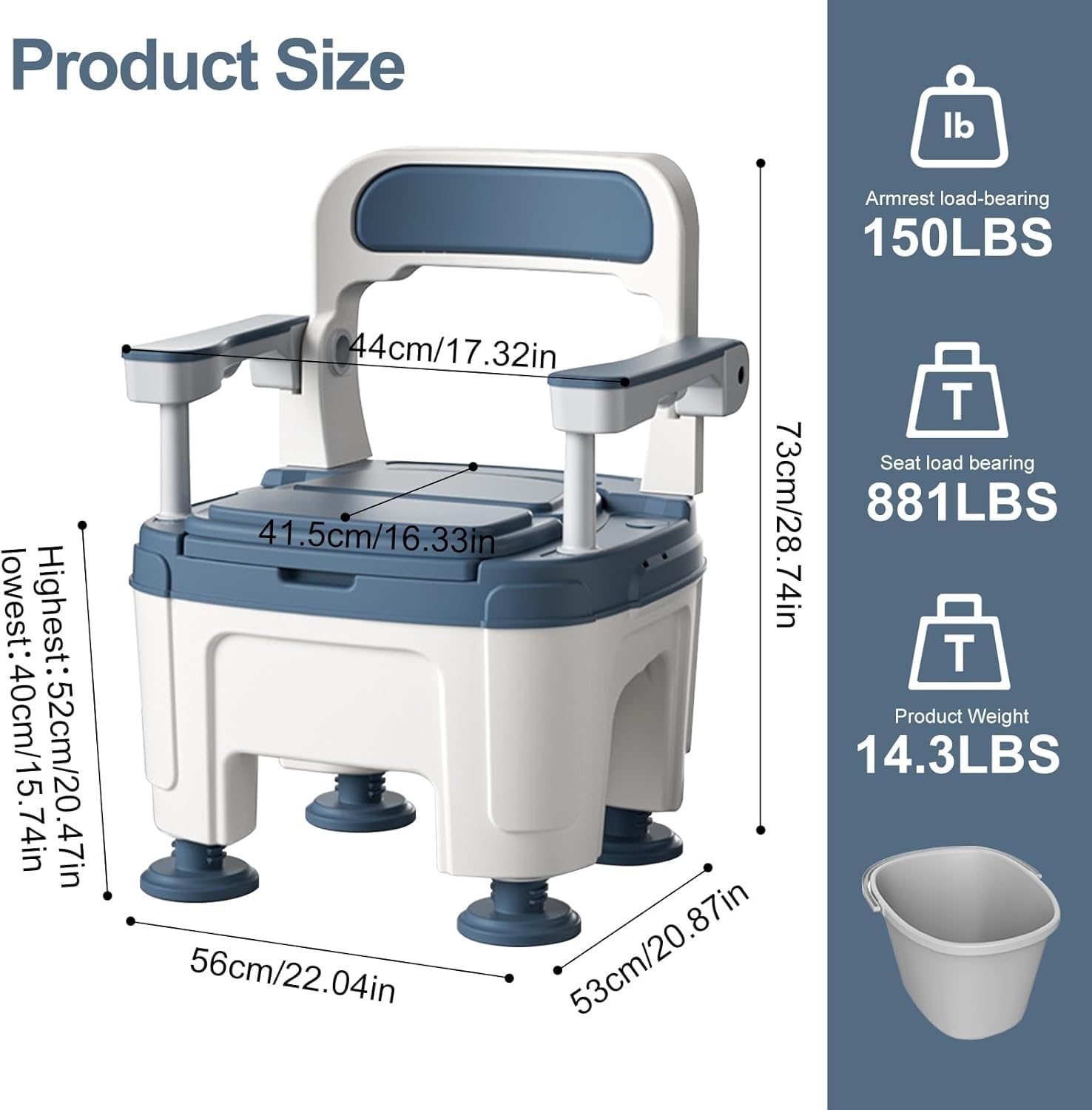 Commode Krzesło toaletowe, komoda nocna z regulowaną wysokością, z wyściełanym siedziskiem i podłokietnikami, łatwy montaż, nośność do 345 kg, przenośny, do użytku domowego