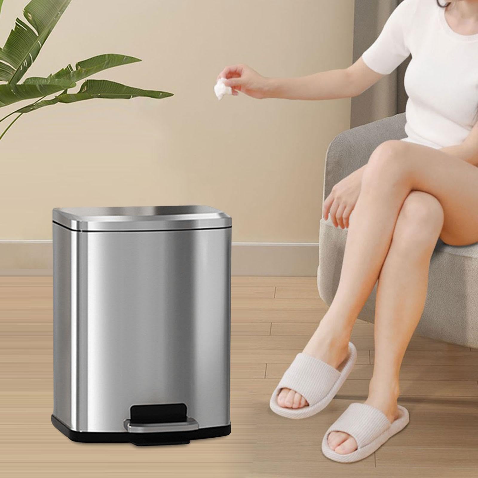 Papelera de Pedal para Basura Fabricada en Acero Inoxidable con de Cierre Silencioso Y Cubeta Desmontable Fácil de Limpiar Adecuada para Estud, Plata, Individual