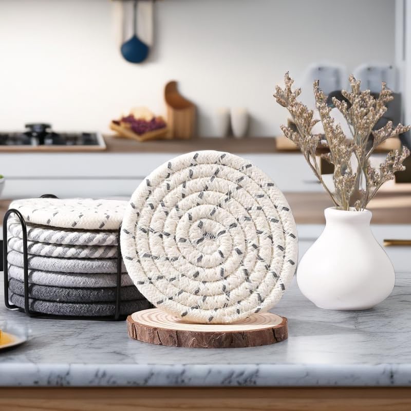 Lot De 8 Dessous De Verre En Coton Tissé Main Avec Support Métallique - 4 Motifs Colorés, Ø10,9 Cm - Absorbants Et Déco