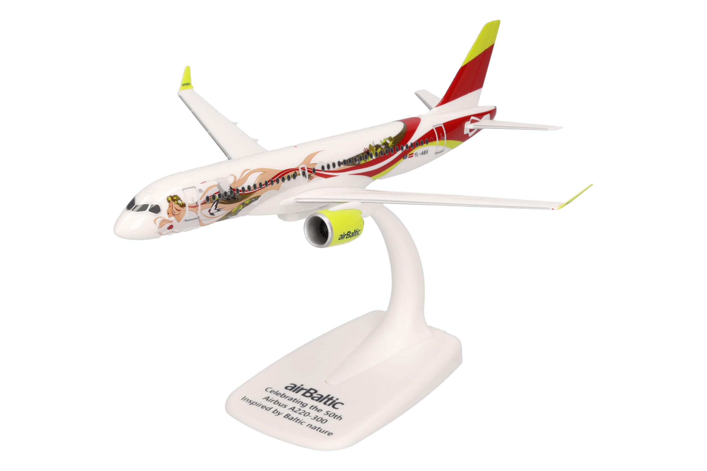 Herpa Snap-Fit airplane model airBaltic Airbus A220-300 "50th A220" - YL-ABX on scale of 1:200, plastic miniature with pedastal, model building, collectors edition