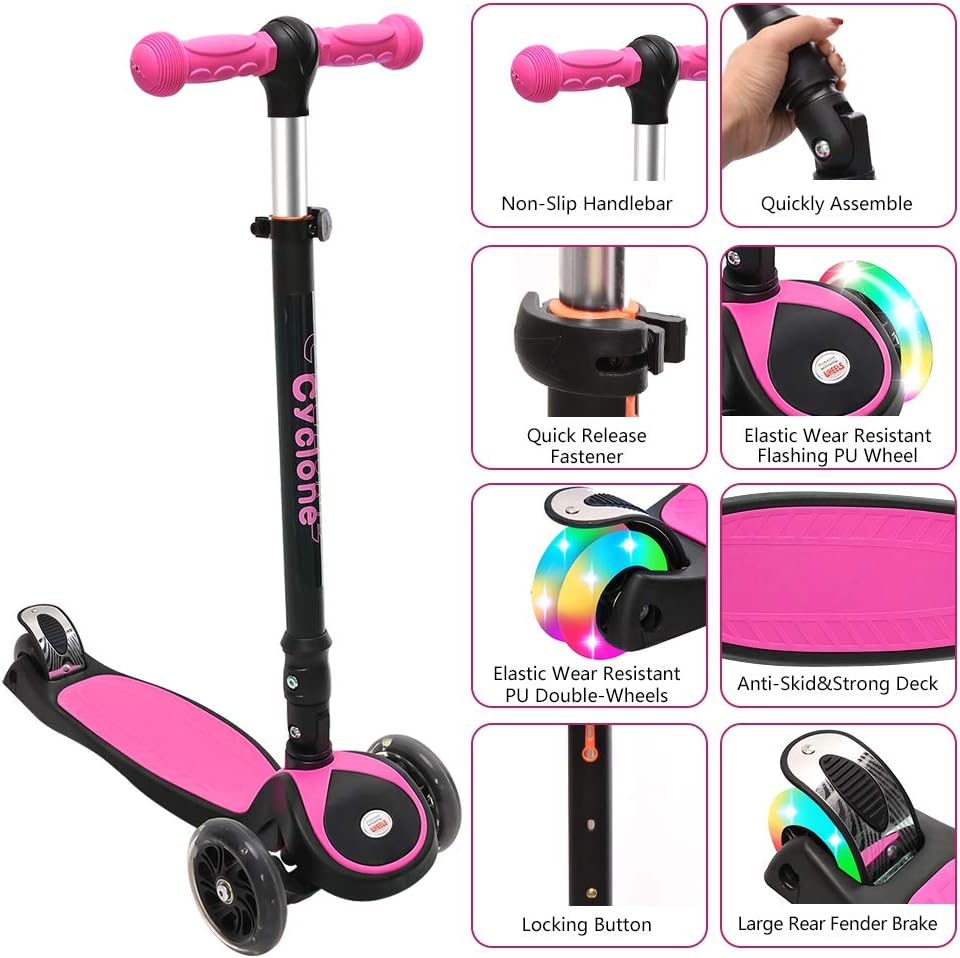 ChromeWheels Scooters for Kids, Deluxe Kick Scooter Foldable 4 Adjustable Height 150lb Weight Limit 3 Wheel, Lean to Steer LED Light Up Wheels, Best Gifts for Girls Boys Age 3-12 Year Old