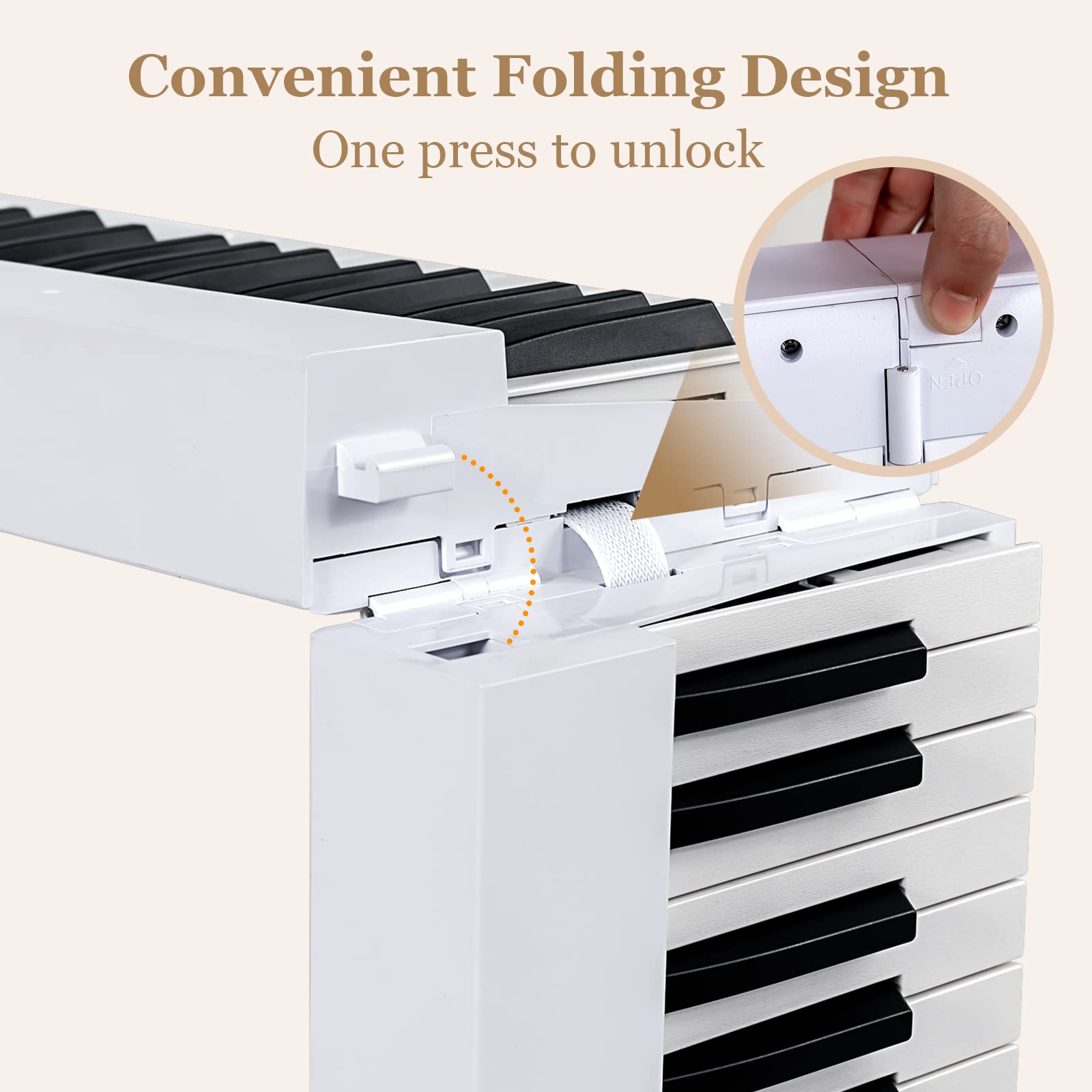 Piano Digitale Pieghevole a 88 Tasti, Tastiera Semipesata a Grandezza Reale con Midi, Pianoforti Elettrici Portatili per Principianti (White)