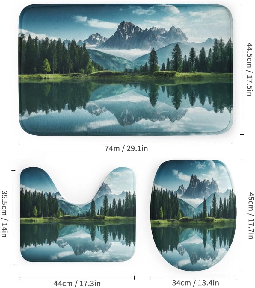 4 Pcs Beautiful Lake Scenery Shower Curtain Bathroom Set with Rugs, Country Tree Nature Mountain Shower Curtain with 12 Hooks, Toilet Lid Cover and Bath Mat for Bathroom Decor Set