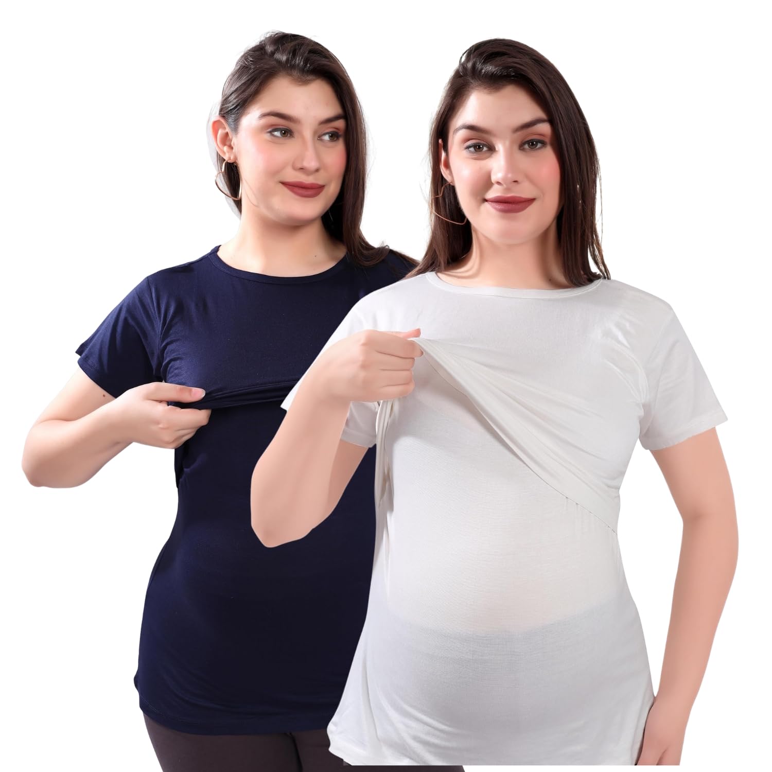 Maternity Nursing Top for Women | Soft Cotton Blend Under-Belly Pregnancy & Postpartum Feeding Shirt | Discreet Breastfeeding Access, C-Section Friendly, Stretch Fit Tee - Pack of 2 (Blue/White)-image-23